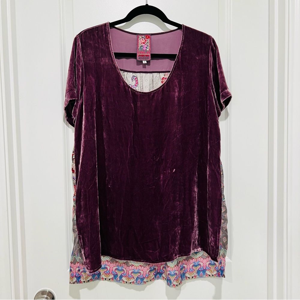 JWLA Johnny Was Mixed Media Short Sleeve Top Purple Velvet Front Silk Back Small